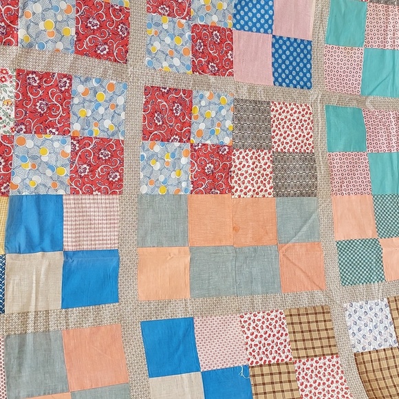 Handmade Vintage Patch Work Top With Vintage Material Squares - Picture 6 of 8